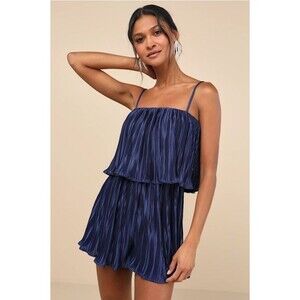 Lulu’s Fun Flirt Hot Navy Blue Satin Womens Large Plisse Sleeveless Romper Shiny